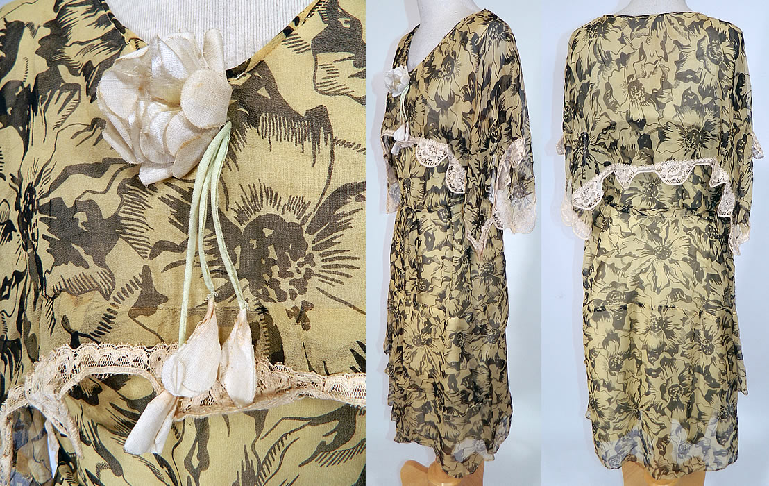 Vintage Yellow & Black Floral Print Silk Chiffon Shawl Collar Belted Dress
This stunning summer dress is loose fitting, with a drop waist, large ruffle shawl collar sleeveless top, matching fabric tie sash belt, layered ruffle skirt and is fully lined with a built in cotton slip lining sewn inside. 