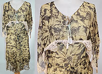 Vintage Yellow & Black Floral Print Silk Chiffon Shawl Collar Belted Dress
