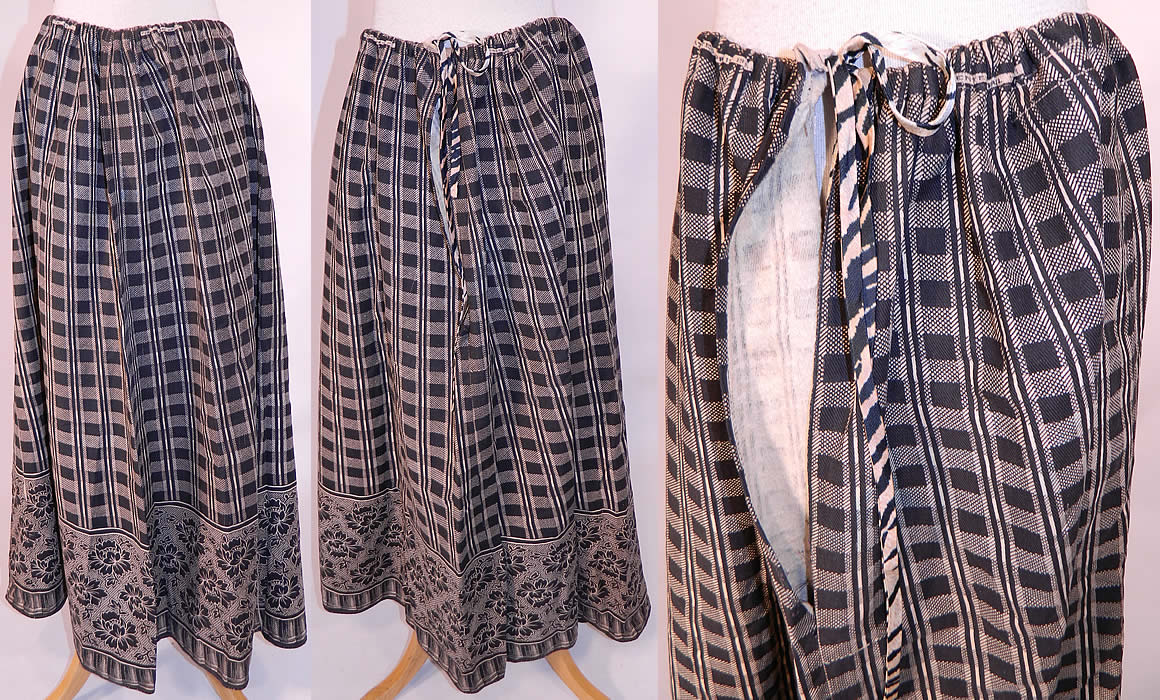 Victorian Black & White Flannel Cotton Calico Floral Plaid Print Petticoat Skirt
This antique Victorian era black and white flannel cotton calico floral plaid print petticoat skirt dates from 1871. 