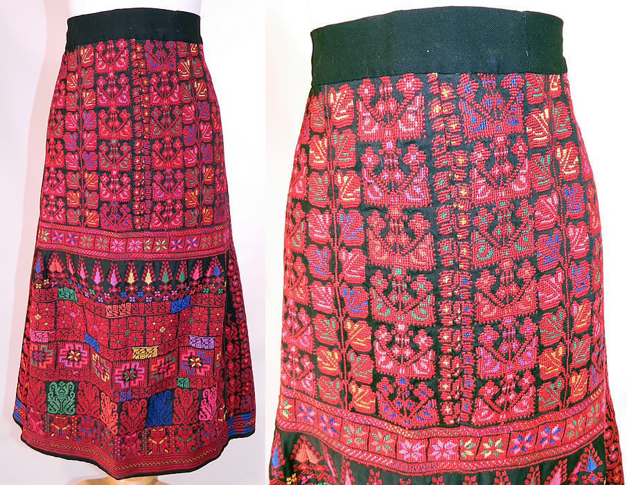 Vintage Colorful Cross Stitch Palestinian Hand Embroidery Ethnic Tribal Boho Skirt
This vintage colorful cross stitch Palestinian hand embroidery ethnic tribal boho skirt dates from the 1960s. 