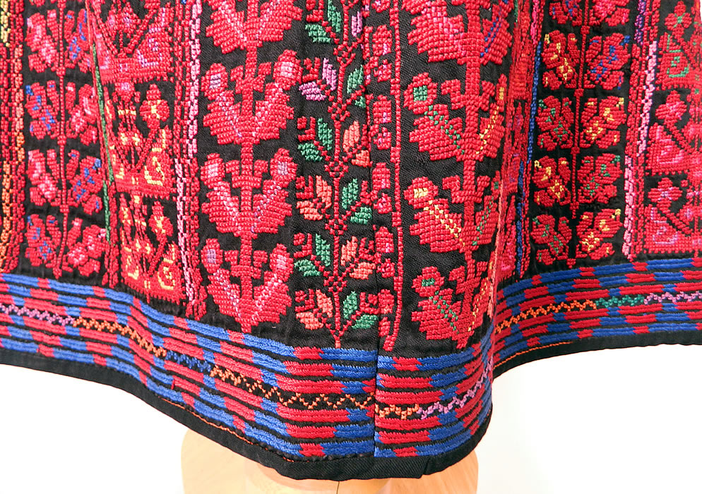Vintage Colorful Cross Stitch Palestinian Hand Embroidery Ethnic Tribal Boho Skirt
It is made of black cotton twill fabric, with vibrant colorful cross stitch hand embroidery work done in decorative geometric shapes, ethnic tribal bedouin designs. 