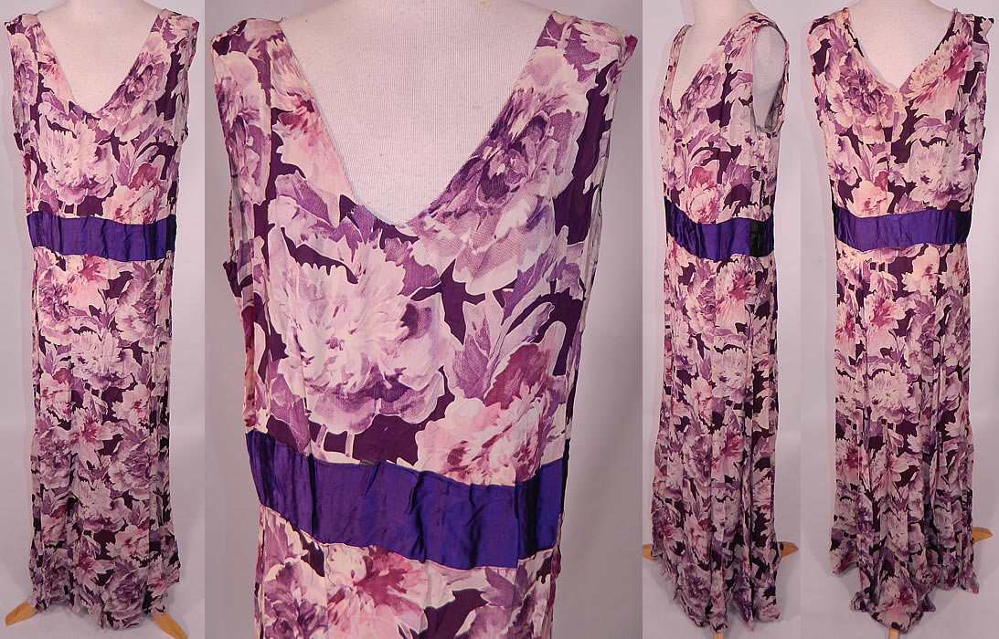 Vintage Purple Peony Print Floral Silk Bias Cut Slip Dress
This vintage purple peony print floral silk bias cut slip dress dates from the 1930s. It is made of varying shades of purple and white peony flower pattern print silk fabric.