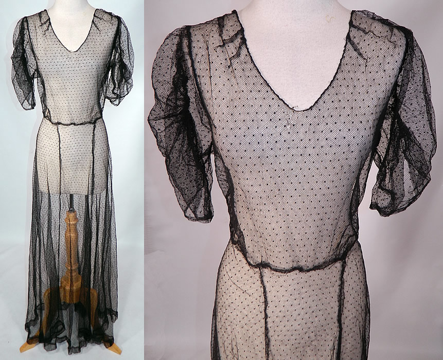 Vintage Black Swiss Polka Dot Net Sheer Bias Cut Dress Gown
This vintage black swiss polka dot net sheer bias cut dress gown dates from the 1930s. It is made of a sheer black fine net fabric, with a tiny square swiss dot polka dot pattern. 