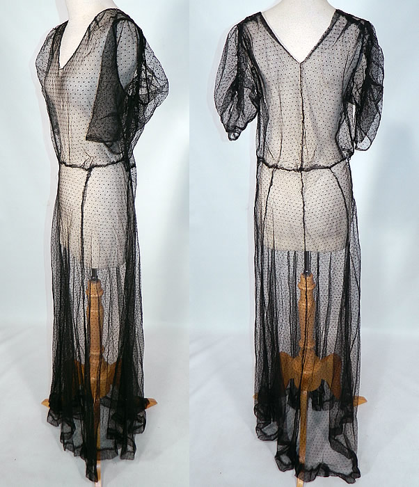 Vintage Black Swiss Polka Dot Net Sheer Bias Cut Dress Gown
This beautiful bias cut dress is a long floor length, with plunging V necklines, gathered shoulders, short puffy sleeves and is sheer, completely unlined.