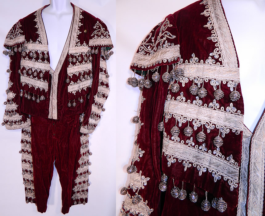 Vintage Spanish Matador Bullfighter Bolero Jacket Knickers Red Velvet Costume
This antique Spanish matador bullfighter bolero jacket, knickers red velvet two piece costume dates from the 1920s. It is hand stitched made of a dark burgundy red silk velvet fabric, with silver metallic lam&eacute; sequin trim and silver beaded ball fringe trim accents.