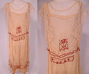 Vintage Cream Crochet Filet Lace Wood Beaded Rosette Drop Waist Flapper Dress
