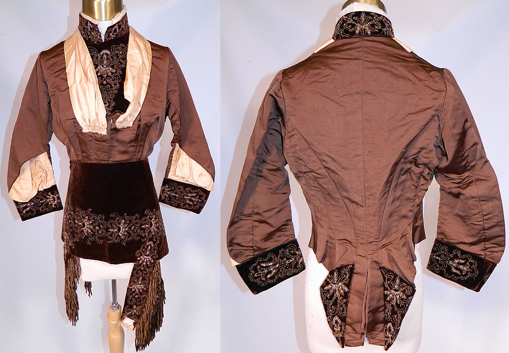 Victorian Brown Silk Velvet Bronze Beaded Bodice & Skirt Fabric Remnant Trim
This antique Victorian era brown silk velvet bronze beaded bodice and skirt fabric remnant trim dates from the 1880s