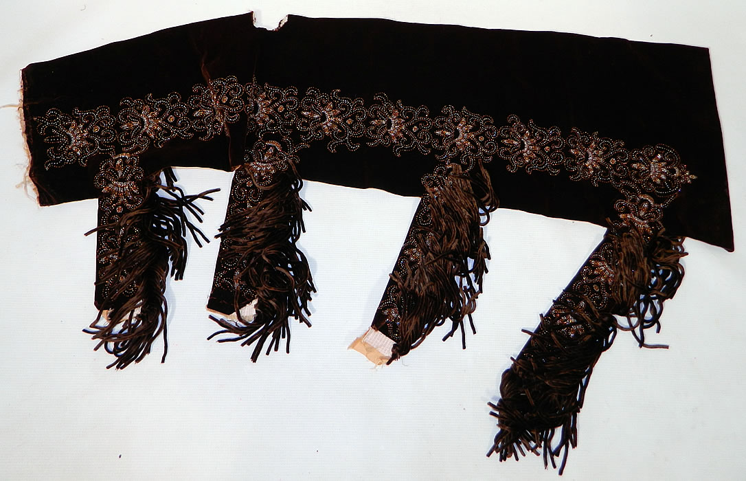 Victorian Brown Silk Velvet Bronze Beaded Bodice & Skirt Fabric Remnant Trim
There is a matching velvet beaded fabric remnant skirt panel with brown silk chenille fringe tassel trim along the four strips and is lined, backed in a yellow silk fabric. 