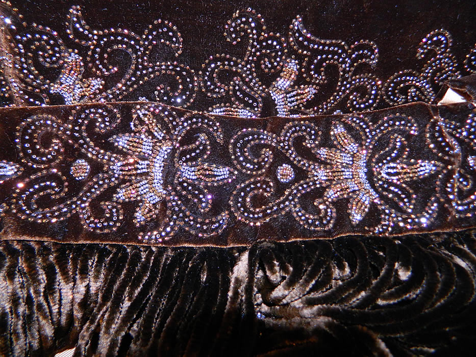 Victorian Brown Silk Velvet Bronze Beaded Bodice & Skirt Fabric Remnant Trim
The fabric panel measures 40 inches long and 9 1/2" to 12" wide. 