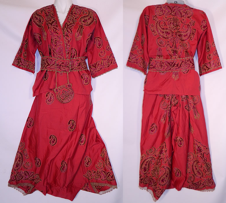 Ottoman Turkish Tugra Red Silk Gold Embroidered Jacket Harem Pant Belted Purse Outfit
This vintage Ottoman Turkish Tugra red silk gold embroidered jacket, harem pant, belted purse outfit dates from 1920s.