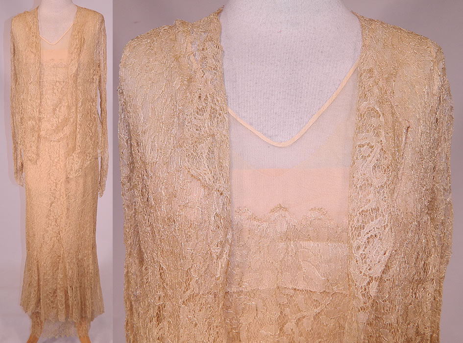 Vintage Cream Silk Lace Lined Long Bias Cut Dress & Jacket. 
This vintage cream silk lace lined long bias cut dress and jacket dates from the 1930s. It is made of a sheer off white cream color silk chiffon and floral pattern lace net fabric.