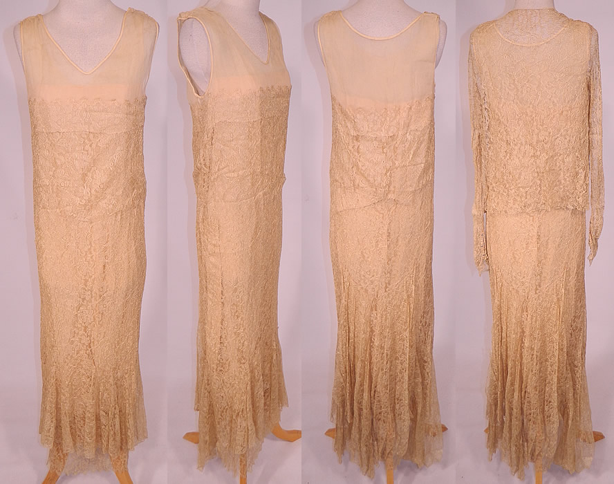 Vintage Cream Silk Lace Lined Long Bias Cut Dress & Jacket. 
This beautiful bias cut dress has a long floor length layered tiered skirt, sleeveless and is fully lined. The dress measures 52 inches long, with 34 inch hips, a 32 inch waist and 34 inch bust. 
