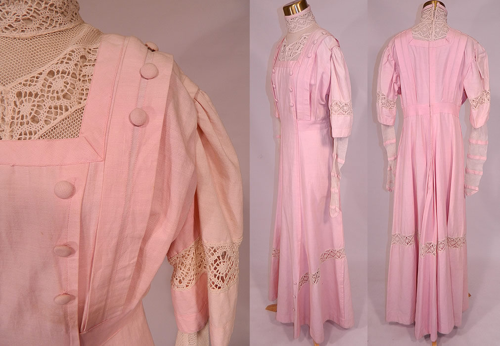Edwardian Pink Linen White Lace Button Trim Tea Dress. 
This pretty pink garden party summer tea dress is a long floor length, with a front and back plait pinafore style top, with a button trim front, short outer linen sleeves with long net pink striped undersleeves, a high neck lace collar and hook closures down the back. 