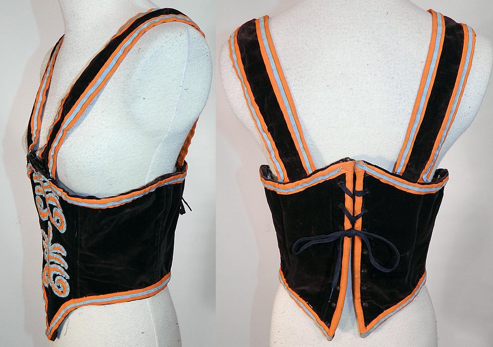 Victorian Black Velvet Applique Soutache Trim Swiss Waist Corset Vest Bodice . 
This stunning Swiss waist style sleeveless vest corset bodice top comes to a point at the bottom, has shoulder straps, corset lacing closure and is fully lined in linen with stays, boning sewn inside. 