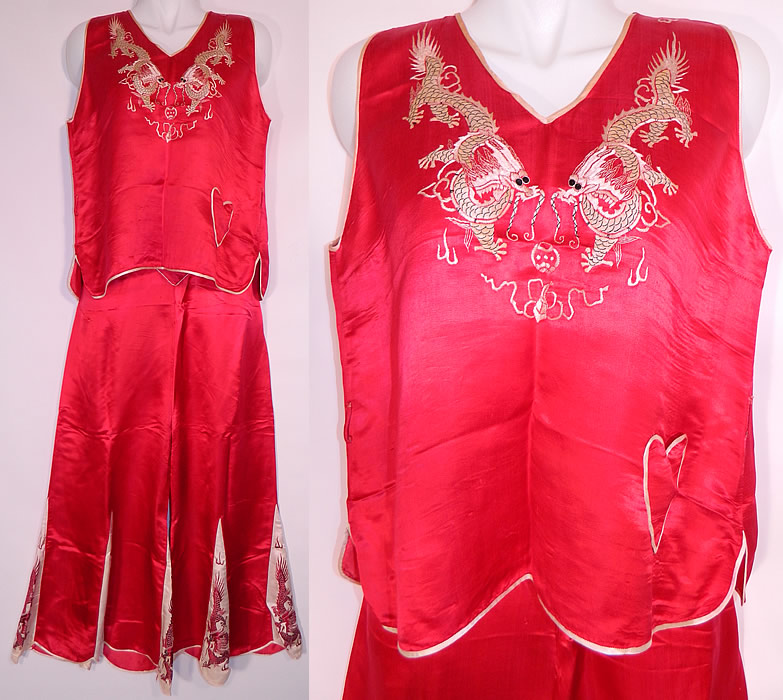 Vintage Red & White Silk Embroidered Asian Chinese Dragon Pajamas. 
This vintage red and white silk embroidered Asian Chinese dragon pajamas date from the 1930s.