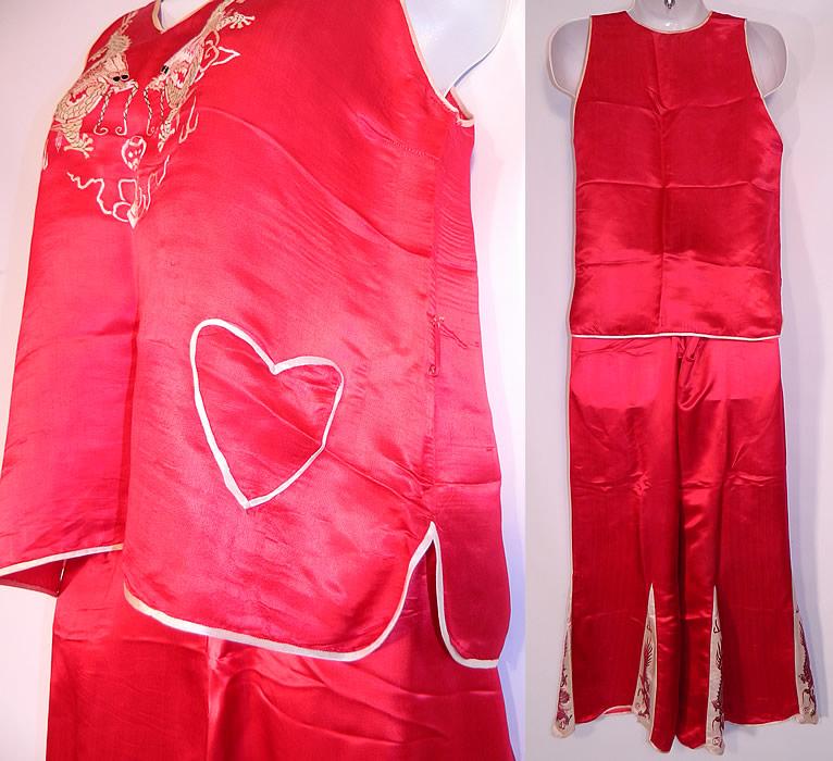Vintage Red & White Silk Embroidered Asian Chinese Dragon Pajamas. 
It is made of a cherry red and white silk satin fabric, with contrasting silk raised padded satin stitch embroidery work of Chinese dragons. 