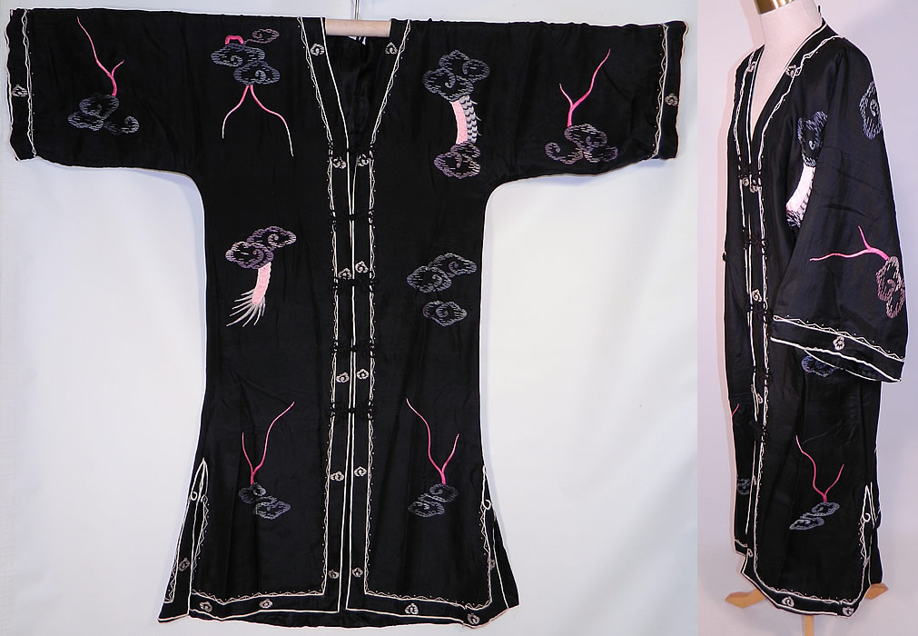 Edwardian Vintage Japanese Dragon Embroidered Black Silk Kimono Robe Coat
It is made of a black fine silk fabric, with colorful embroidery work and raised padded satin stitch dragons with smoke clouds. 