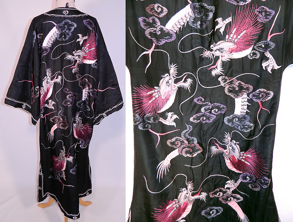 Edwardian Vintage Japanese Dragon Embroidered Black Silk Kimono Robe Coat
This killer kimono robe style surcoat is a long floor length, loose fitting, with a V front neckline, long full sleeves, decorative white stitching trim edging, black silk knotted button toggle closures down the front and is fully lined. 