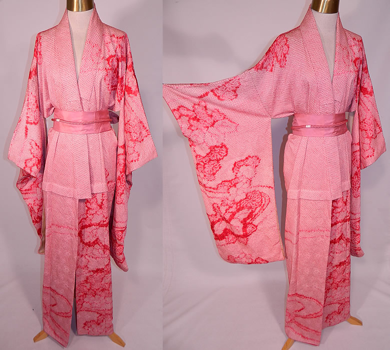 Vintage Japanese Geisha Red White Pink Silk Shibori Tie-Dye Obi Sash Belted Kimono
This vintage Japanese geisha red. white, pink silk shibori tie-dye obi sash belted kimono dates from the Showa Period 1950s.