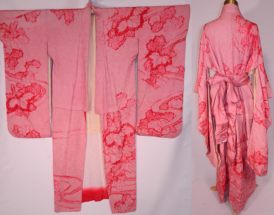 Vintage Japanese Geisha Red White Pink Silk Shibori Tie-Dye Obi Sash Belted Kimono
It is hand stitched, made of a red, white and pink silk shibori tie-dye fabric, with a kiri leaf floral design. 