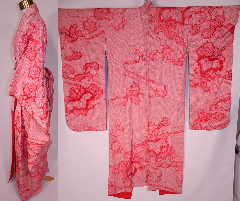 Vintage Japanese Geisha Red White Pink Silk Shibori Tie-Dye Obi Sash Belted Kimono
The kimono measures 57 inches long, with 36 inch long kimono sleeves and is 53 inches across the shoulders.