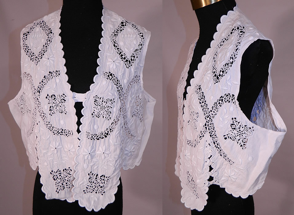 Edwardian White Linen Eyelet Embroidered Drawn Cut Work Lace Blouse Vest Top
This antique Edwardian era white linen eyelet embroidered drawn cut work lace blouse vest top dates from 1915. 