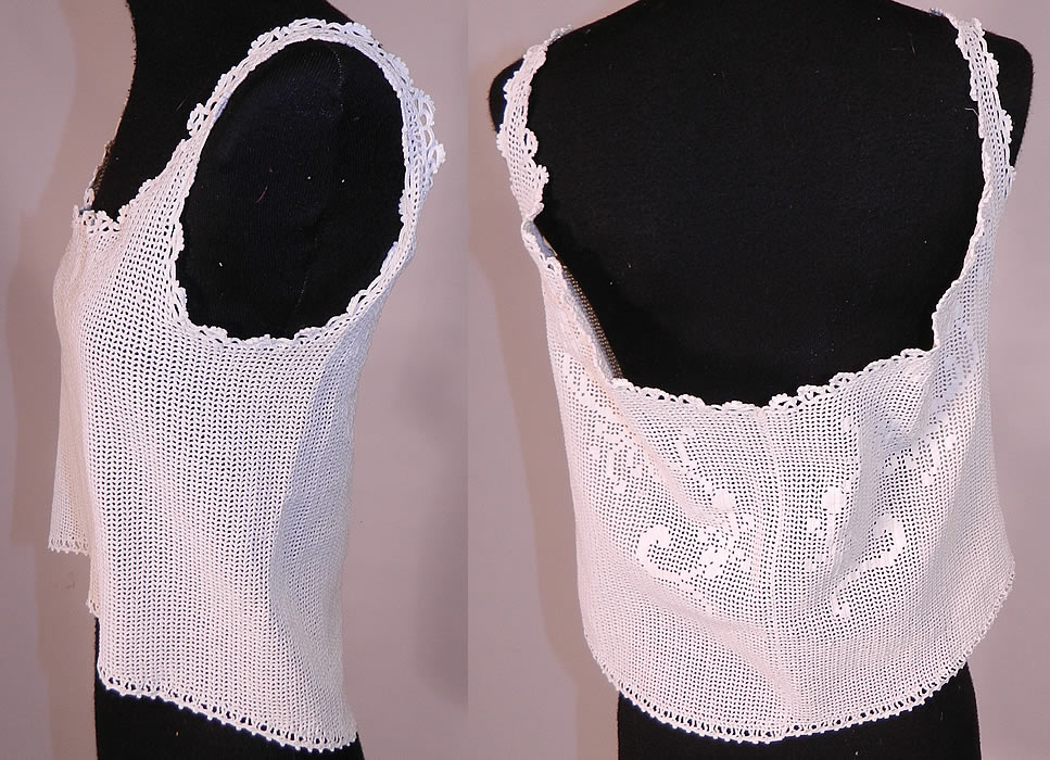 Edwardian White Crochet Filet Lace Sleeveless Camisole Blouse Tank Top
This summer sleeveless camisole style boho tank top is sheer, unlined and has a wide neckline needing a drawstring added. 