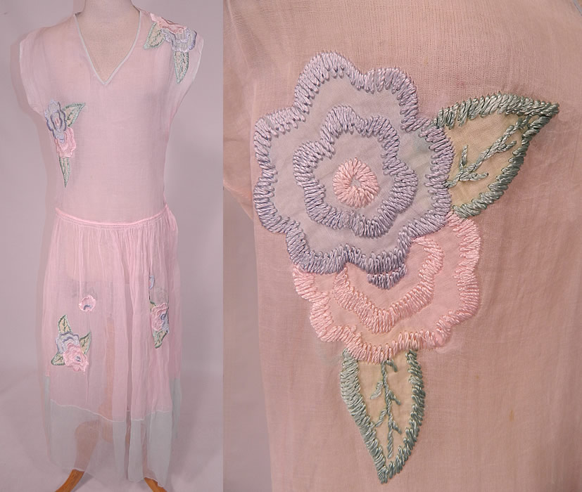 Vintage Pastel Pink & Blue Organdy Floral Embroidered Applique Sheer Party Dress
This vintage pastel pink and blue organdy floral embroidered appliqu&eacute; sheer party dress dates from the 1930s. It is made of a pale pastel pink and blue sheer organdy fabric, with pastel cotton fabric appliqu&eacute; flowers and decorative embroidered stitching.