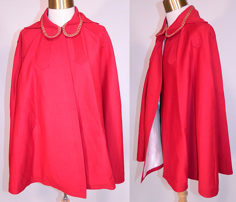 Edwardian Red Wool Gold Metallic Trim Collar Winter Cloak Cape
This antique Edwardian era red wool gold metallic trim collar winter cloak cape dates from 1910. It is made of a radiant red fine wool fabric, with decorative appliqu&eacute; petal scalloped stitching trim around the shoulders and gold metallic lam&eacute; polka dot trim edging around the collar. 