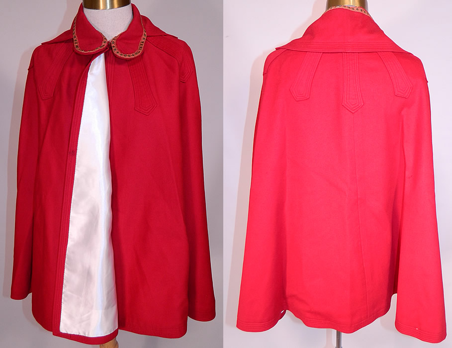Edwardian Red Wool Gold Metallic Trim Collar Winter Cloak Cape
The cape measures 26 inches long, with a 112 inch bottom circumference. 