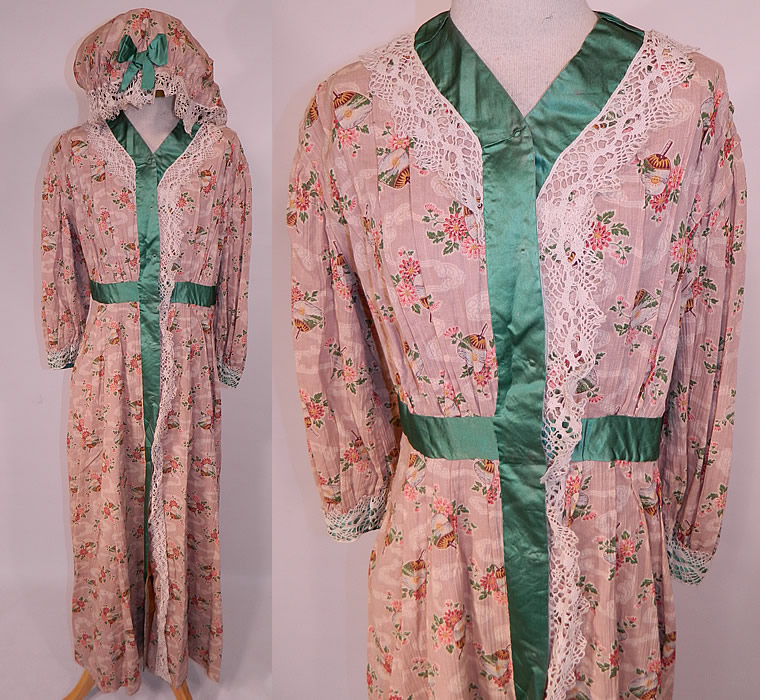 Edwardian Art Nouveau Japanese Floral Fan Print Dressing Gown Robe & Bed Cap Bonnet
This vintage Edwardian era Art Nouveau Japanese floral fan print dressing gown robe and bed cap bonnet dates from 1910. It is made of a pinkish beige blush color cotton muslin fabric, with a colorful Asian inspired Orientalism print pattern of Japanese hand screen fans with the rising sun and chrysanthemum flowers.