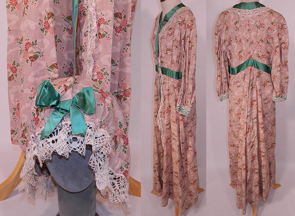 Edwardian Art Nouveau Japanese Floral Fan Print Dressing Gown Robe & Bed Cap Bonnet
There is green silk ribbon and white lace trim edging. This magnificent morning robe wrapper dressing gown is a long floor length, with long full sleeves, pleated details on the top, with a back drape skirt and snap closures down the front. 