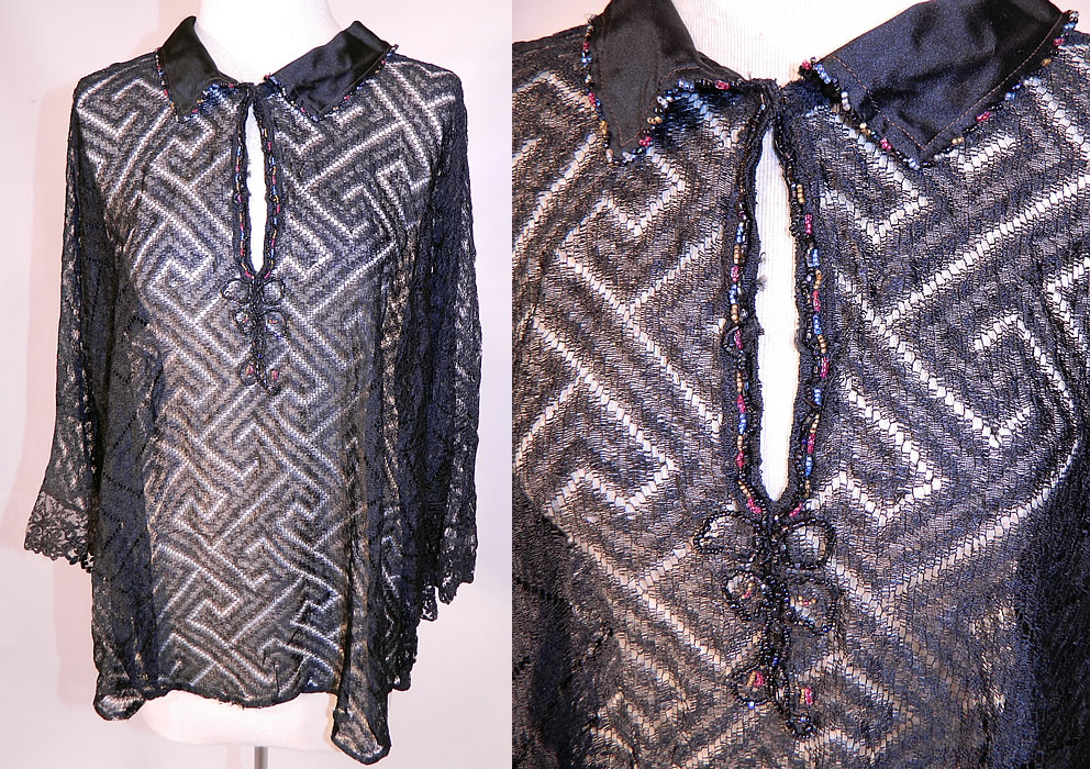 Vintage Art Deco Greek Key Meander Black Silk Net Lace Beaded Flapper Blouse
This vintage Art Deco Greek key meander black silk net lace beaded flapper blouse dates from the 1920s. It is made of a sheer black silk net lace fabric, with a meander Greek key design pattern work and multi-colored beaded trim along the collar and front neckline.
