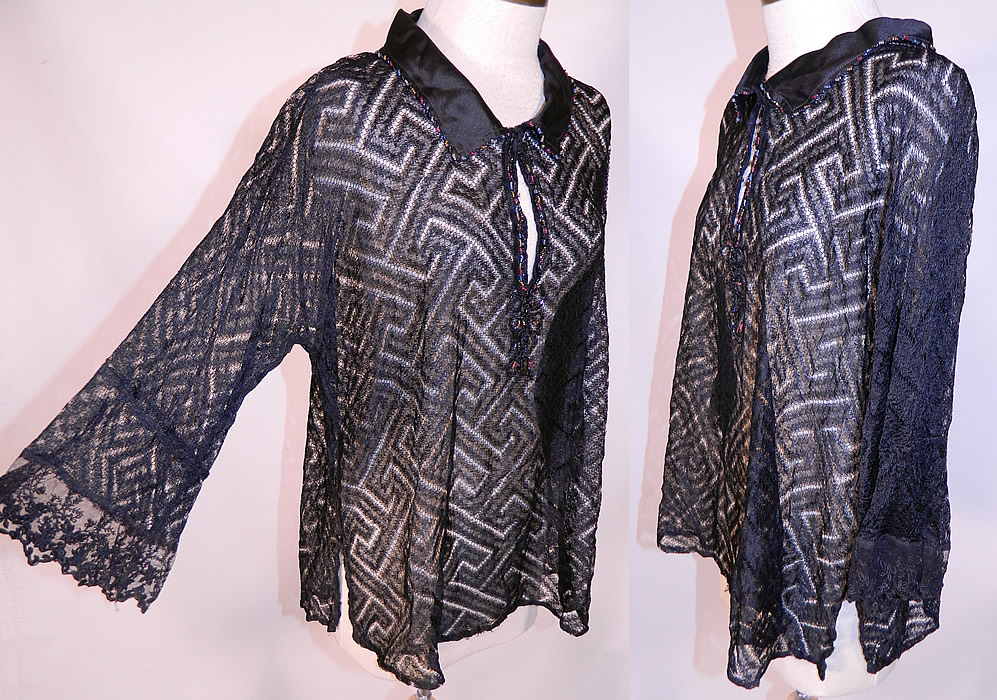 Vintage Art Deco Greek Key Meander Black Silk Net Lace Beaded Flapper Blouse
This beautiful blouse has a long loose fitting style, with bottom skirt side slits, a key hole front opening, silk trim fold over collar with hook closure at the neck, long full sleeves with lace cuffs and is sheer, completely unlined.