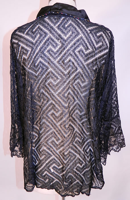 Vintage Art Deco Greek Key Meander Black Silk Net Lace Beaded Flapper Blouse
The top measures 26 inches long, with a 46 inch waist, 42 inch bust, 16 inch back and 20 inch long sleeves. It is in good condition. This is truly a wonderful piece of wearable Art Deco textile art!