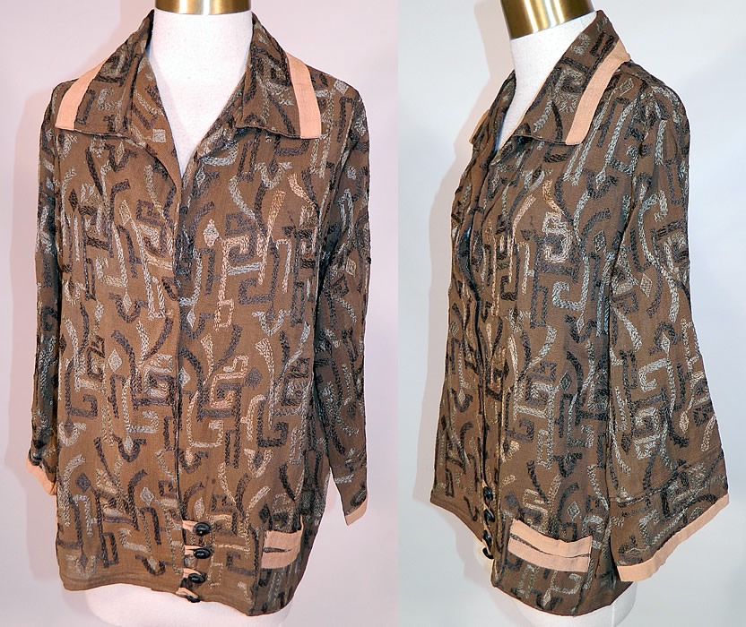 Vintage Art Deco Brown Silk Crepe Embroidered Flapper Blouse Coat Jacket
This vintage Art Deco brown silk crepe embroidered flapper blouse coat jacket dates from the 1920s. It is made of a brown silk crepe de chine fabric, with varying shades of brown & taupe silk stitching embroidery work done in Art Deco abstract geometric ethnic designs.