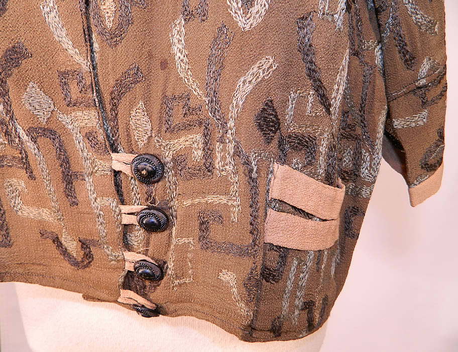 Vintage Art Deco Brown Silk Crepe Embroidered Flapper Blouse Coat Jacket
It is in good condition, but has not been cleaned and has a couple of small age spot stains (see close-up). This is truly a wonderful piece of wearable Art Deco textile art! 