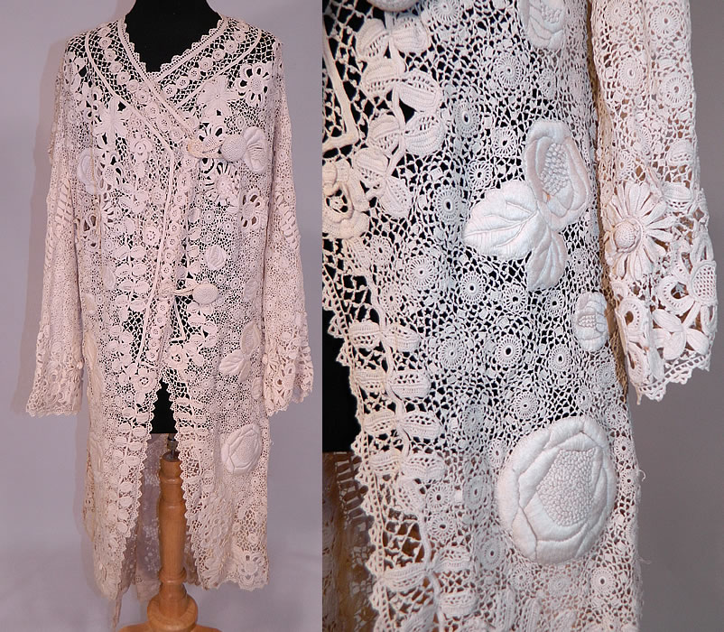 Vintage Edwardian Antique White Irish Crochet Lace Embroidered Long Coat Jacket
This exquisite vintage Edwardian era antique white Irish crochet tape lace embroidered long coat jacket dates from 1910.