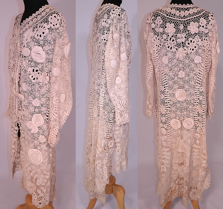 Vintage Edwardian Antique White Irish Crochet Lace Embroidered Long Coat Jacket
The coat measures 39 inches long in the front, 53 inches long in the back, with 40 inch hips, a 34 inch waist, 40 inch bust, 15 inch back and 20 inch long sleeves.