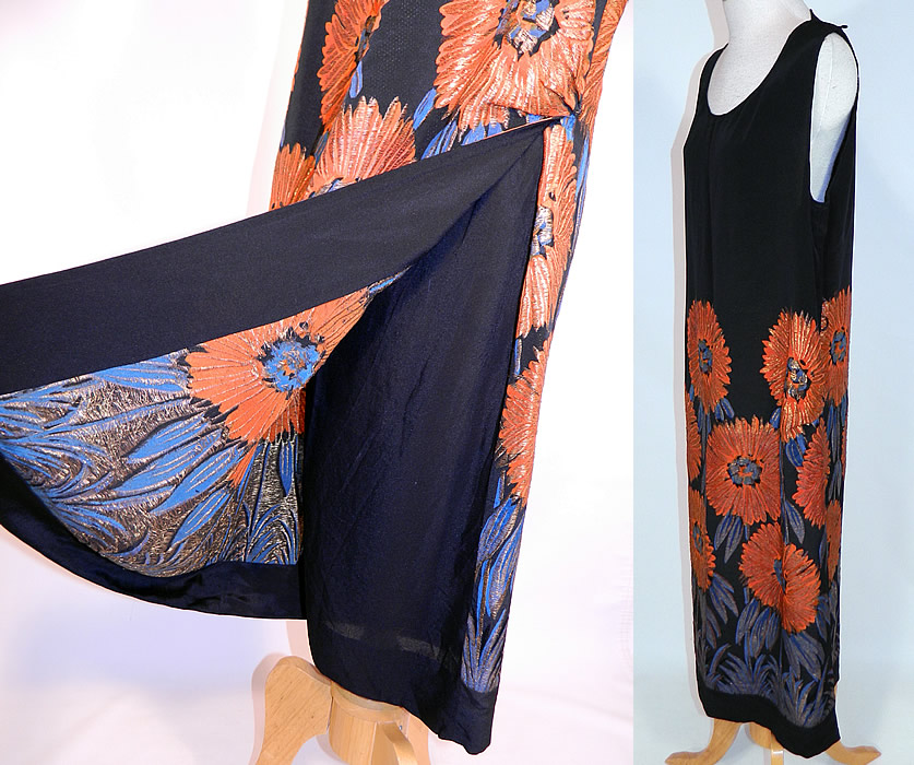 Vintage Art Deco Black Silk Gold Lam&eacute; Lame Orange Sunflower Flapper Dress
This fabulous flapper dress has a straight shift loose fitting, long drop waist style, sleeveless, with wide armhole openings, a fold over drape skirt front panel and is unlined. 
