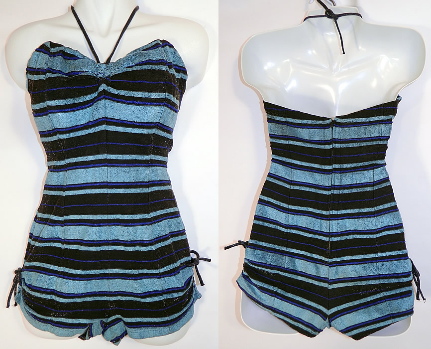 Vintage Web Foot Pinup Black & Turquoise Blue Striped Silver Glitter Knit Swimsuit
This vintage Web Foot pinup black and turquoise blue striped silver glitter knit swimsuit dates from the 1940s.