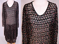 Vintage Black Silk Burnout Voided Velvet Floral Pastel Print Drop Waist Flapper Dress

