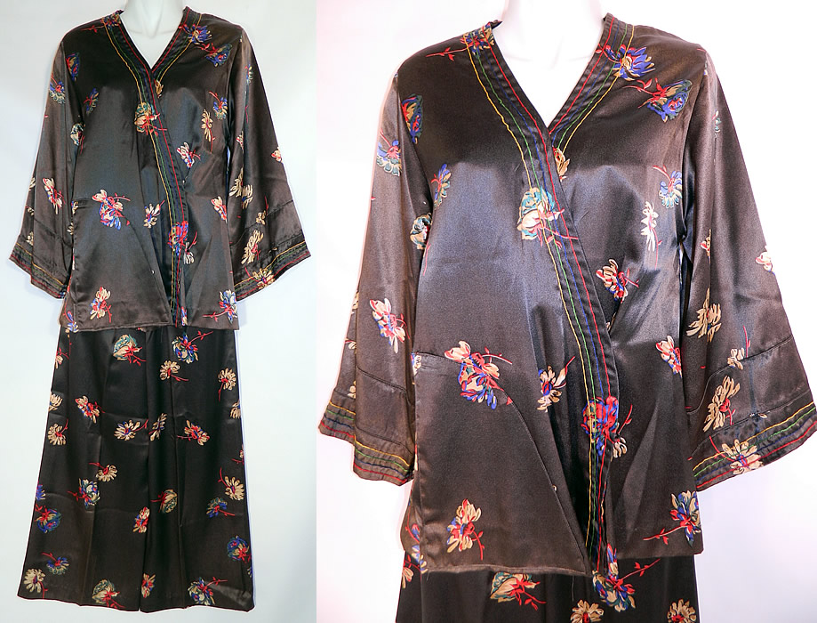 Vintage Black Silk Satin Flower Print Pajamas Robe Jacket Pants Lounge Set
This vintage black silk satin flower print pajamas robe jacket, pants lounge set dates from the 1930s. It is made of a silvery black color silk satin fabric, with a colorful flower print pattern design