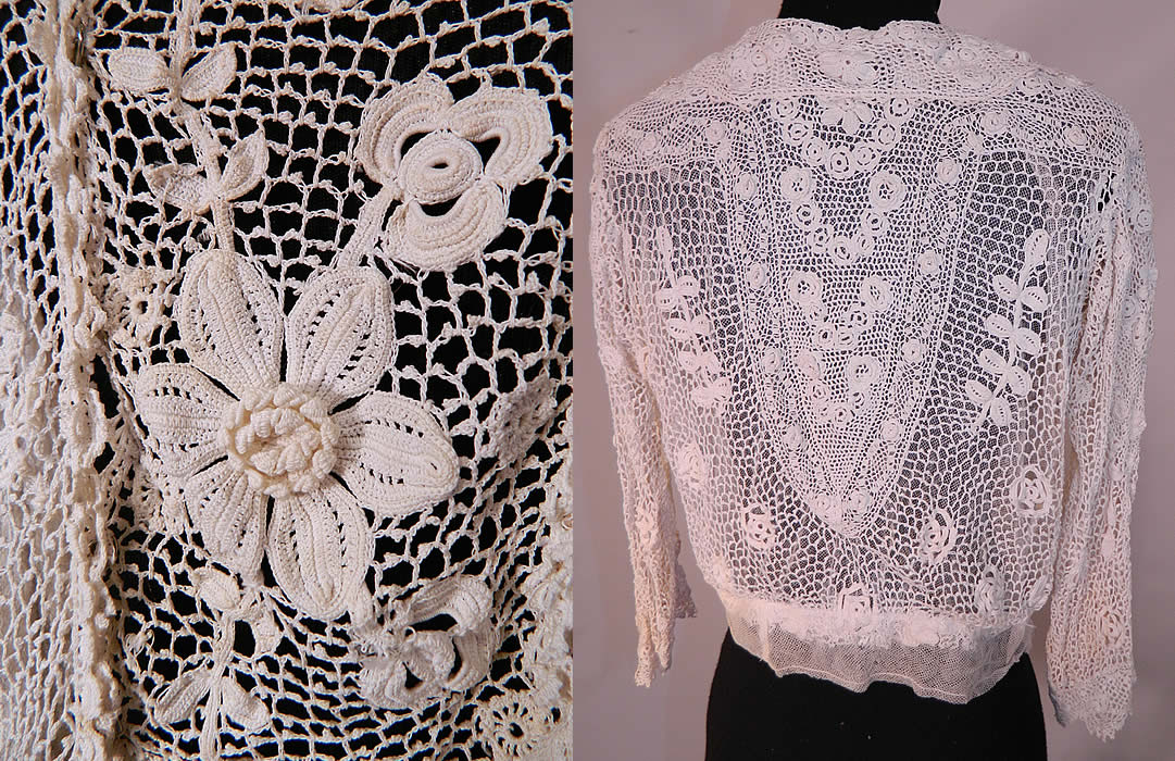 Edwardian White Irish Crochet Lace Middy Shirt Blouse
This beautiful blouse has a middy cropped shirt style, with a sheer net trim skirted bottom and inside lining, a squared scoop front neckline, with lace sailor collar back, 3/4 length long sleeves and snap closures along the front side.