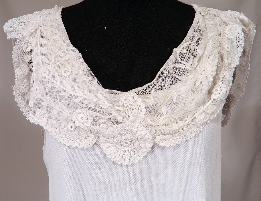 Vintage White Net Princess Tape Lace Applique Embroidered Drop Waist Dress & Slip
