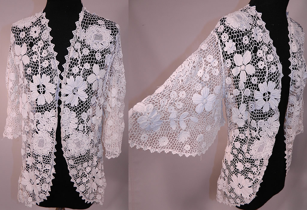 intage Edwardian Antique White Irish Crochet Tape Lace Tail Coat Jacket Bell Sleeve
This exquisite vintage Edwardian era antique white Irish crochet tape lace tail coat jacket bell sleeve dates from 1910. It is made of a white Irish crochet lace with raised three dimensional flower, leaf designs, connecting thread picot ornamented bars and detailed meshwork