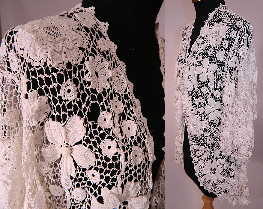 intage Edwardian Antique White Irish Crochet Tape Lace Tail Coat Jacket Bell Sleeve
The coat measures 30 inches long, with 36 inch hips, a 34 inch waist, 36 inch bust and 15 inch back. It is in good condition, with only a small hole, break in the lace on the front top (see close-up). 