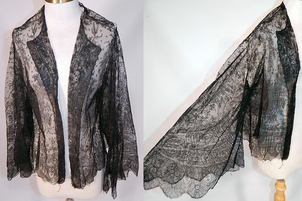 Victorian Civil War Antique Black Chantilly Lace Shawl Jacket Pagoda Sleeve
This antique Victorian Civil War era black Chantilly lace shawl jacket pagoda sleeve dates from the 1860s. It is made of a sheer fine delicate black net French Chantilly lace, with a Swiss dot, floral foliage leaf pattern outlined in black threads with detailed shading effects and a beautiful decorative scalloped border edging.
