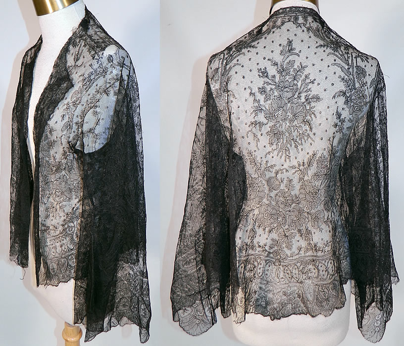 Victorian Civil War Antique Black Chantilly Lace Shawl Jacket Pagoda Sleeve
This lovely lace has a lush floral design throughout. It has been created into a loose fitting short style open front jacket, with no closure, a fold over sewn lapel, long full sleeves with wide flared bell shaped pagoda sleeves and is sheer, completely unlined.