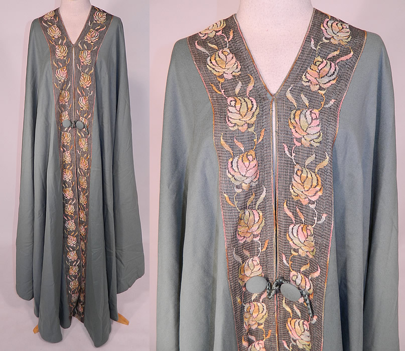 Vintage Liberty & Co. London Paris Label Teal Blue Wool Embroidered Cloak Cape
This exquisite Edwardian era Liberty & Co. London Paris label teal blue wool embroidered cloak cape dates from 1910. It is made of bluish green teal color soft fine wool fabric, with a woven pastel embroidered roses trim edging.